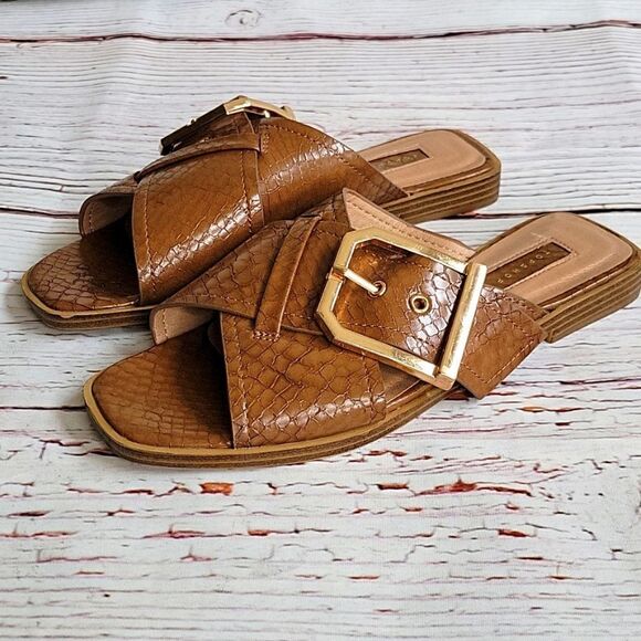 TOPSHOP Tan Padded Slide Sandals Size 6 - Picture 1 of 6